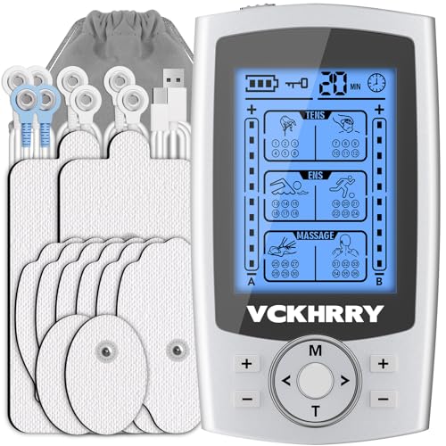 VCKHRRY Electroestimulador Muscular 3 en 1 TENS EMS Masaje Electrodos con 24 Programas 2 Canales 10 Electrodos TENS 20 Niveles de Intensidad para Muscular Relajación