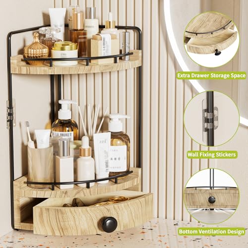 Naeqieo 2-Tier Corner Bathroom Counter Organizer with Drawer, Light Brown by Naeqieo - Used condition - Image 5