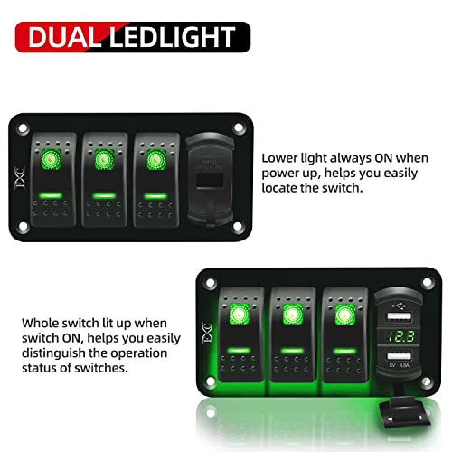 Fxc 12V 24V Dc 3 Gang Rocker Switch Aluminum Panel With Voltmeter & Dual Usb(4.8 A) Fast Charging, Green Backlit Led, Pre-Wired Waterproof For Marine, Boat, Car, Truck, Polaris, Jeep (Green) #TOP1