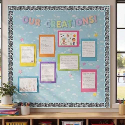 Image of Fuutreo 6 Roll 197 ft Composition Bulletin Board Borders Black and White Scalloped Rolled Border Trim Pastel Wave Line Borders Decoration for Back to School Classroom Chalkboard Office Wall