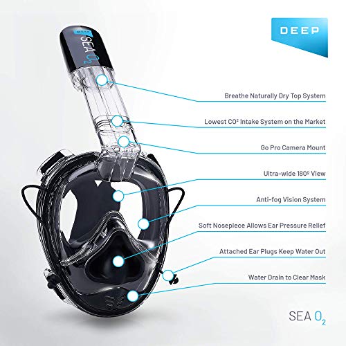 Deep Sea O2 | Only Full Face Snorkel Mask Designed to Protect Against Dangerous CO2 Build-Up for Adults & Kids | 180 View | Soft Nose for Diving | Anti-Fog | Camera Mount | Blue