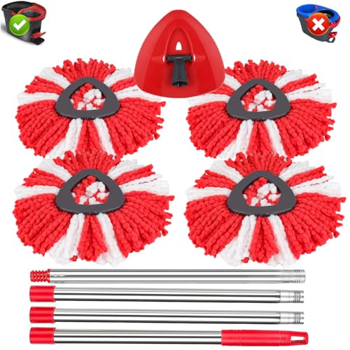 Sgizoku Juego de 6 fregonas Viledar Turbo Smart/Spin/EasyWring&Clean 1 depósito cubo, 4 cabezales de microfibra roja + 1 base de fregona + mango de 148 cm