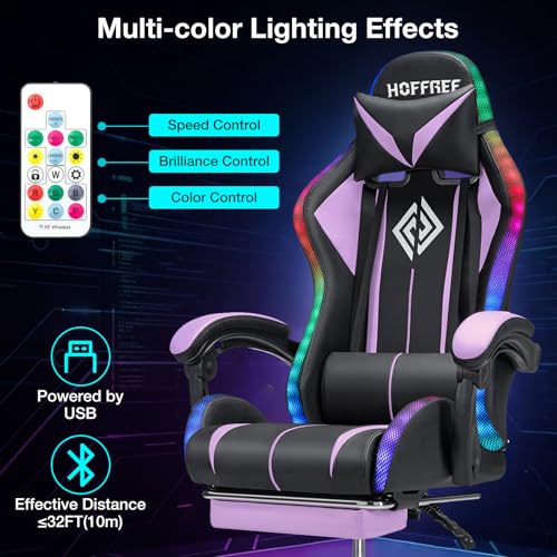 Image of HOFFREE Gaming Chair with LED RGB Lights and Massage Ergonomic Computer Chair with Footrest High Back Video Game Chair with Adjustable Lumbar Support Linkage Armrest Purple and Black