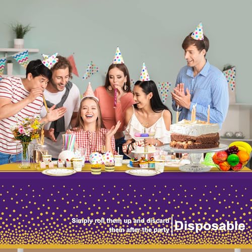 Image of 12 Pack Purple and Gold Tablecloth Party Decorations Plastic Purple Tablecloth Printed Gold Table Runner 54 x108 Inch Disposable Rectangle Table Cover for Birthday Wedding Graduation