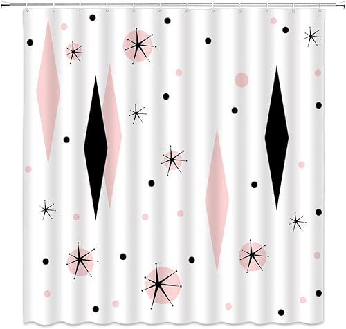 Cortina de ducha de mediados de siglo, moderna abstracta con diamantes atómicos, lunares, retro, de los años 50, decoración geométrica para baño,