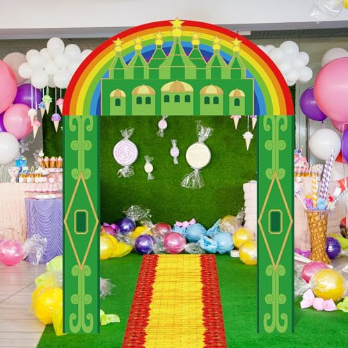 Image of Tingjoo 4 Pcs Green Castle Banner Yellow Brick Runner Entryway Party Decorations Emerald Backdrop Hanging Banner Yellow Brick Runner for Birthday Holiday Wizard Party
