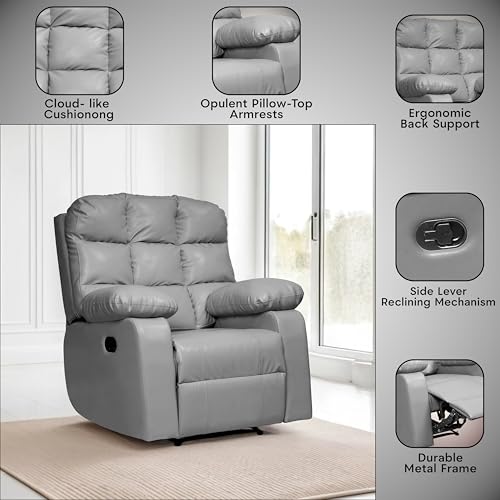 Image of Lumina 1 Seater Recliner | Single Sofa Chair for Living Room Comfort | Ergonomic Design (Leatherette - Grey)