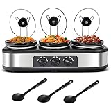 Triple Slow Cooker, Buffet Server Food Warmer, 3 * 1.5QT Slow Cooker With Ceramic Pot, 3 Modes Adjustable Temp, Dishwasher Safe, Removeable Glass Lid and 3 PVC Spoons,Stainless Steel