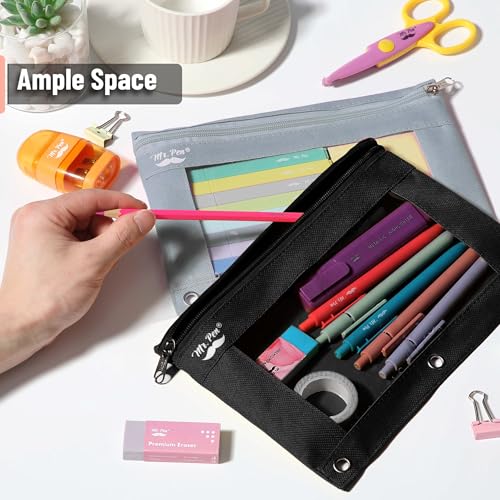 Image of Mr. Pen- Pencil Pouch for 3 Ring Binder, 2 Pack, 10 inchx6.75 inch, Smooth Zipper | Clear Window, Large Capacity Pencil Case with 3 Reinforced Grommets for School, Office, Supplies Storage | Clear Window, Large Capacity Pencil Case with 3 Reinforced Grommets for School, Office, Supplies Storage