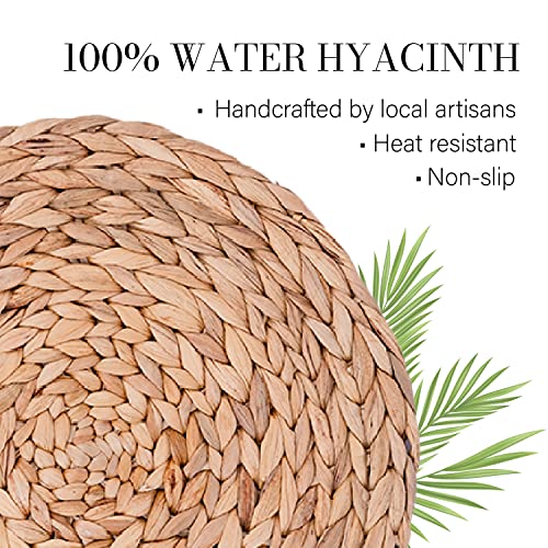 Image of Laquedecraft 11.8 inch Set of 4 Round Water Hyacinth Placemats | Boho Woven Rattan Table Mats | Farmhouse Wicker Spring Plate Chargers Like Corn Husk, Seagrass for Wedding, Party, Christmas, Events