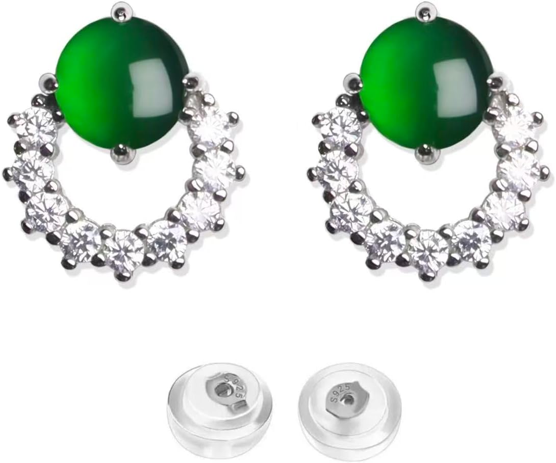 Jade Stud Earrings for Women Genuine 18K Gold Plated Dainty Cubic Zirconia Halo Jade Earings Good Luck Healing Natural Green Jadeite Jewelry Gift Mother's Day, with Certificate (2PCS Premium)