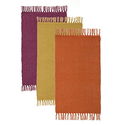 LOLAhome Set de 3 Alfombras de Flecos de Algodón Natural de 50x80 cm Morado, Mostaza y Naranja