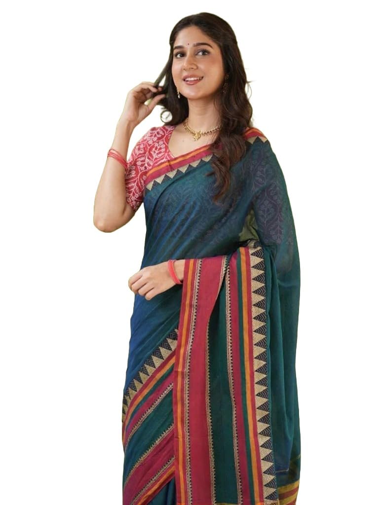Traditional Cotton Khadi Handloom Saree, Brown with Geometric Border, Cotton Blend, Traditional Style, Rahina Model, Formal Wear-picture-36