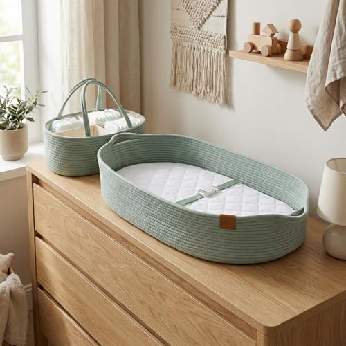 Image of Baby Changing Basket for Baby Dresser, Moses Basket for Babies, Cotton Rope Diaper Changing Basket, Unisex Baby Moses Basket, Foam Diaper Changing Pad for Dresser, Changing Table Topper for Dresser