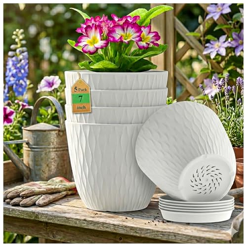 Image of Eightiz (Pack of 5 6 Inch Plastic Flower Pots for Indoor & Outdoor Terrace,Garden Plants Decorative Planters with Drainage Holes & Matching Saucers Durable & Lightweight (White)