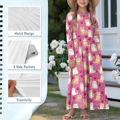 Girls Long Dress Long-Sleeve Swing Ruffle A-Line Dress with Pockets 5-14Y4