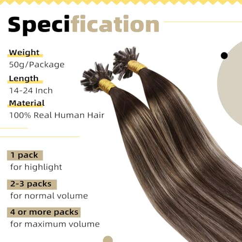 Ugeat Ash Brown Utip Human Hair Extensions Balayage U Tip Hair Extensions Real Human Hair Dark Brown Mix Ash Brown Balayage Natural 18 Inch 50g 50s - Image 4
