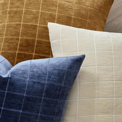Image of MIULEE Navy Blue Plaid Decorative Throw Pillow Covers 12x20 Set of 2 | Vintage Check Chenille Couch Pillows Neutral Boho Farmhouse Cushion Covers Modern Home Decor for Sofa Bed Living Room
