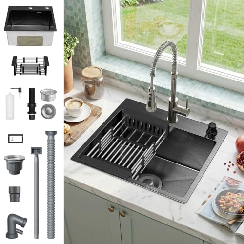 Küchenspüle Schwarz 45x40 cm Edelstahl Küchenspüle Set und Zuberhor-Set Multifunktion Spülbecken mit Seifenspender Abtropfkorb und Ablaufgarnitur-Set Anleitung