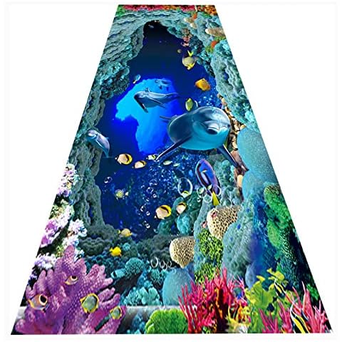 Siunwdiy Extra Long Hallway Runner Rug 3D 3D blue underwater world Pattern Carpet Soft Durable Non-slip Not Fade for Hotel Hall Stairs living room foyer bedroom,Blue,100x240cm Cover