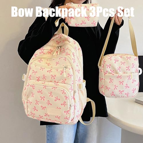 Bow Backpack 3Pcs Set for Girls, Aesthetic Daypack Bow Rucksack, Nylon Rucksack Large Capacity with Bow Pattern (1set D)3