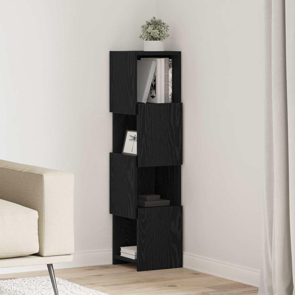 Hothingwell Szafka narożna dębowa czarna 25,5 x 25 x 102 cm z drewna inżynieryjnego, nowoczesna półka narożna z matowym wykończeniem do salonu, praktyczne przechowywanie i oszczędność miejsca
