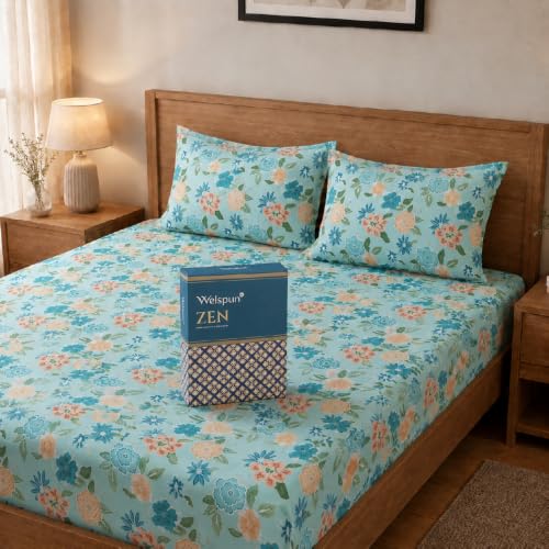 Image of Welspun Zen Microfiber Floral Double Bedsheet with 2 Pillow Covers | Percale Bed Sheet | Skin Safe, Breathable & Easy Care Bedding Set | Gift Set | Light Blue | 220 x 240 Cm