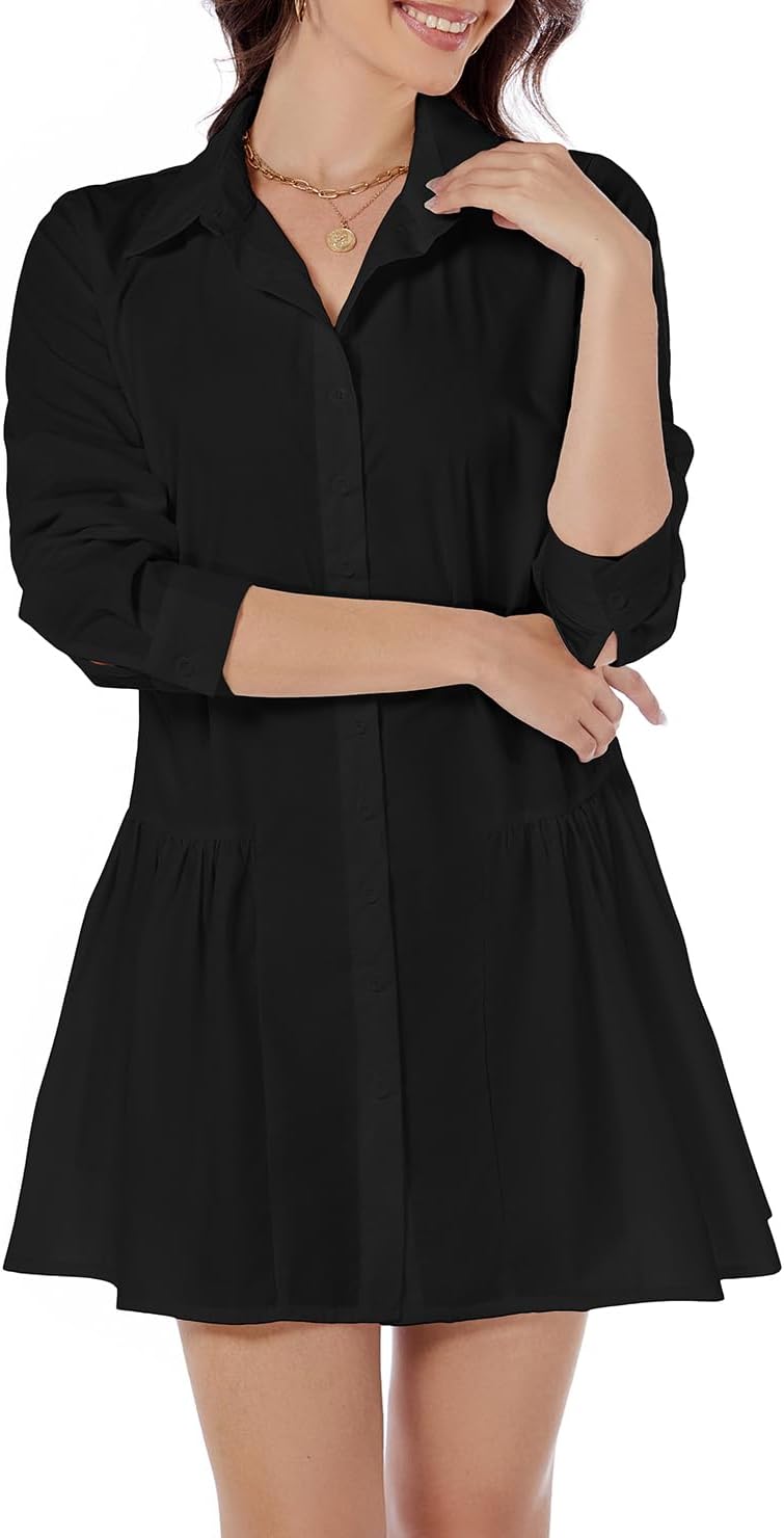 Women's Casual Button Down Shirt Dress Long Sleeve Collared Swing Ruffle Hem Shift Mini Dress - Image 5