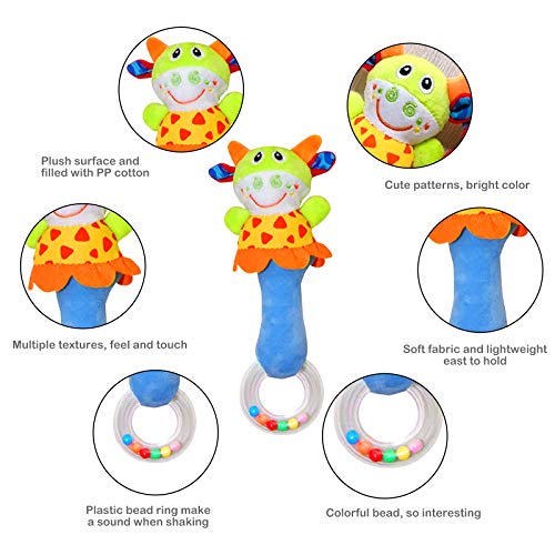 CHAFIN Baby Soft Rattles Sound Toys, Infant Handbells Early Development Hand Grip Baby Toys, Cute Stuffed Animal for 3 6 9 12 Months and Newborn Toddler Boy Girl Birthday Gifts (2 Pack)