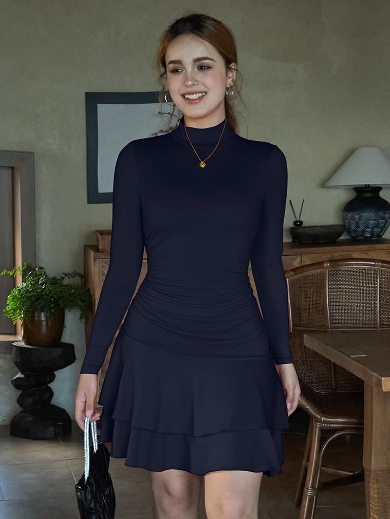 LAGSHIAN Women's High Neck Ruffle Hem Mini Dress Long Sleeve Ruched Short Club Party Dresses - Image 2