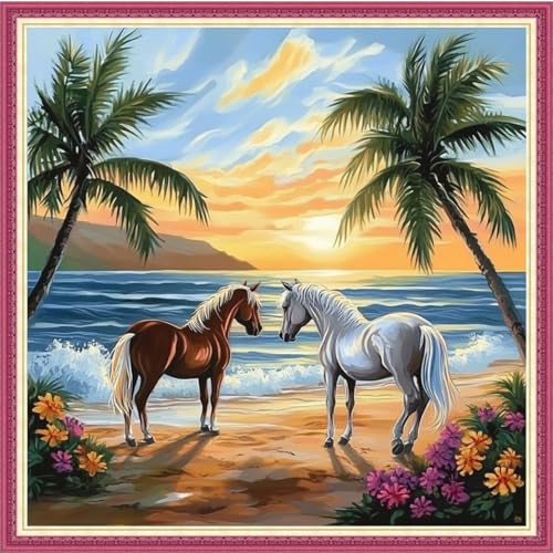 Image of Fanxvivy Stamped Cross Stitch Kits for Beginners Full Range of Cross Stitching Preprinted Embroidery Kits for Adults, 11CT Embroidery Pattern Needlepoint Kits- Seaside Couple Horse 18x18 inch