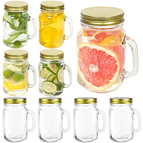 16 oz Regular Mouth Glass Mason Jars with Handle and Gold lids, Glass Jars for Jam & Jelly, Honey, Juice,Beer,Decor. Set of 9 Pack.