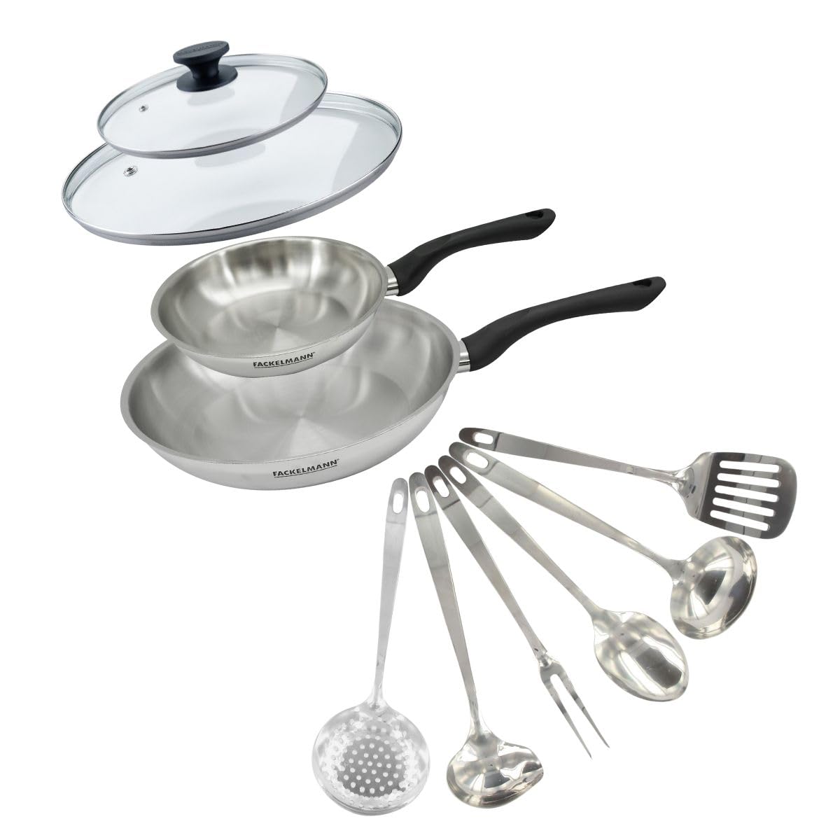 Fackelmann Set of 2 Stainless Steel Frying Pans 20 and 28 cm, Lids and 6 Stainless Steel Utensils | Two frying pans 20 and 11 in, glass lids included, 6 stainless steel utensils, induction oven and dishwasher, PFAS free
