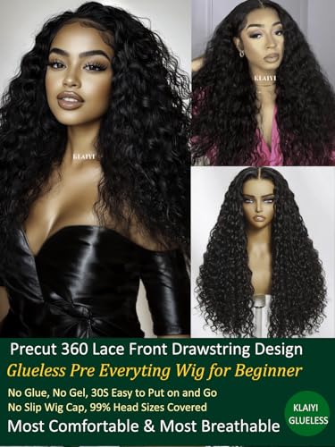 Image of KLAIYI Water Wave Pre Cut 360 Full Lace Frontal Glueless Wig Human Hair Drawstring Pre Plucked Bleached Bye Bye Knots Pre Everything Ready to Wear And Go Curly Beginner Wig with Baby Hair 180% 24Inch