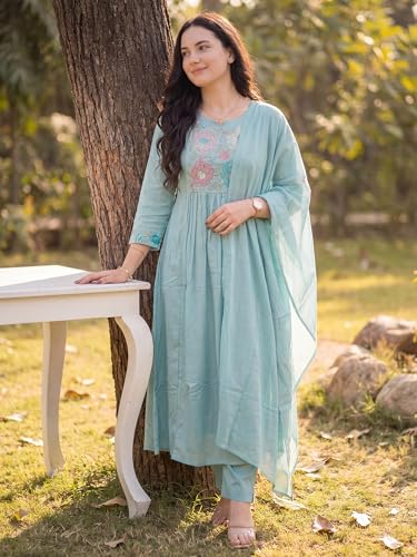 Image of INDO ERA Women's Pure Cotton Embroidered Thread Work Kurta & Pant with Dupatta Set (IEAI13046)