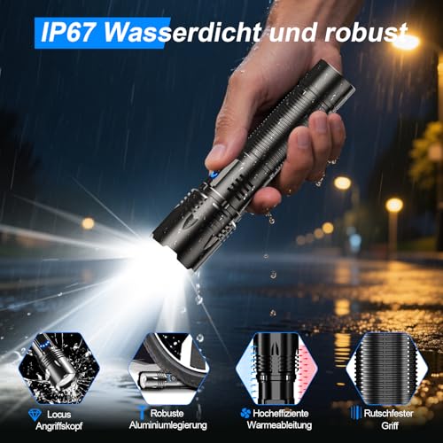 Taschenlampe LED Extrem Hell USB C Aufladbar 50000 Lumen 24 Stunden Akkulaufzeit Taschenlampen Zoombare Torch mit 5 Lichtmodi IP67 wasserdicht, Akku Flashlight Taktische für Camping Wandern Notfäll