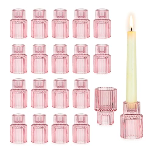 Glasseam Glass Tapered Candlestick Holders: 20 Pcs Ribbed Pink Candle