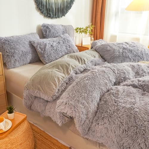 Faux Fur Fluffy Grey Comforter Cover Twin Set – Plush Faux Fur Grey Bedding 2-Piece Set (1 Furry Duvet Cover + 1 Shaggy Pillow Sham) Cozy Bed Set