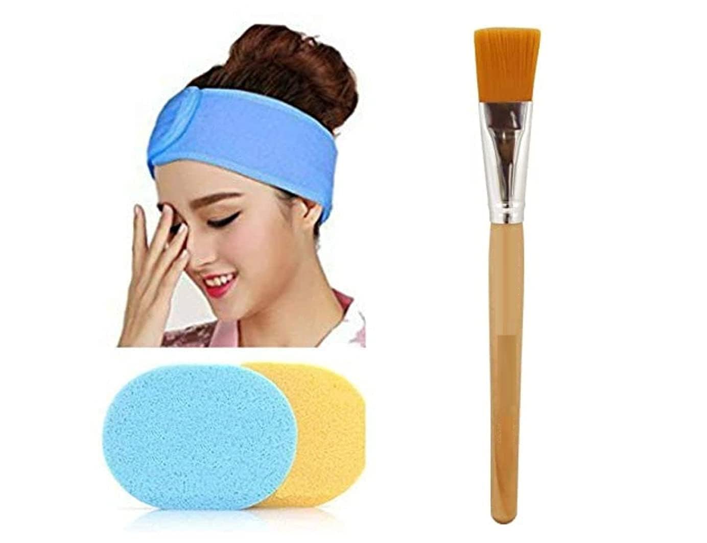 Combo of 3PCS Polycotton Stretchable Elasticized Adjustable Facial Headbands and Face Pack Brush and Face Cleaning Sponges for Women,Each Pack of 1 - Multicolor-image-22