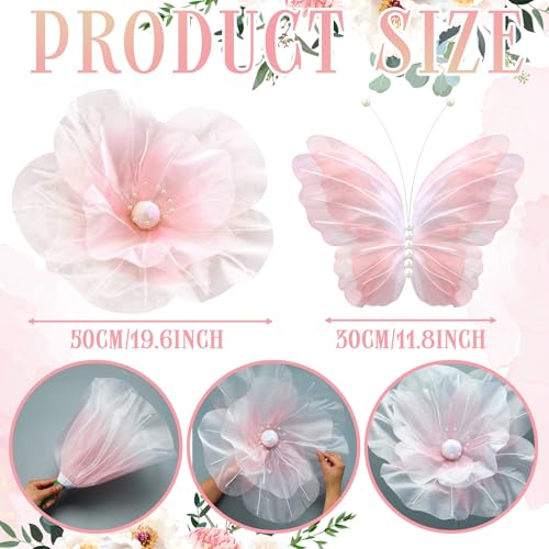 Image of Cinnvoice 8 Pcs Gradient Pink Large Butterfly Flower Decorations 20 Inch 12 Inch 3D Giant Silk Butterfly Big Flower Mariposas Grandes para Decoracion for Wedding Backdrop Birthday Party