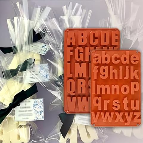 Wocuz Bundle Sale of Uppercase and Lowercase Alphabet Baking Silicone Mold and Clear Cellophane Bags with Metallic Twist Ties Cover