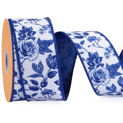 LaRibbons Patriotic Wired Ribbon 2.5 Inch x 10 Yards Vintage Blue White Floral Ribbon for 4th of July Independence Day 250th Anniversary Wreath Decor