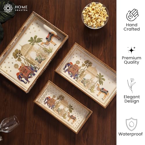 Image of Wooden Serving Tray with Gold Engraving | Set of 3 | Size : 16 x 10 inch, 14 x 8 inch & 12 x 6 inch | Enamel Coated Waterproof | Rectangular | Decorative Trays | Royal Camel Set