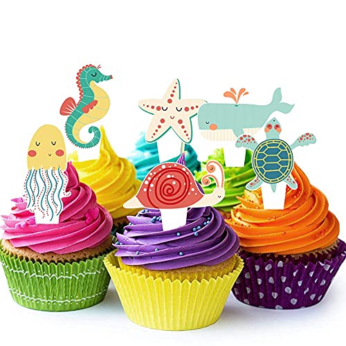 24 Pcs Sea Animals Cupcake Toppers For Sea Theme Birthday Decorations, Baby Shower Under The Sea Theme Party Supplies #TOP3