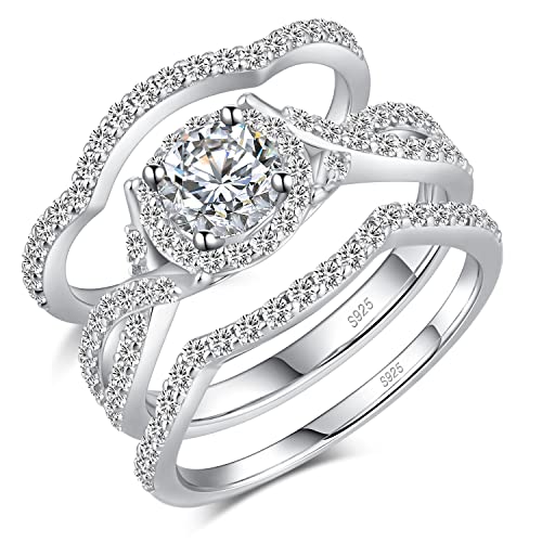 Han han 18K White Gold Plated 925 Sterling Silver Wedding Engagement Promise Eternity Ring Set for Women, Size 5-9