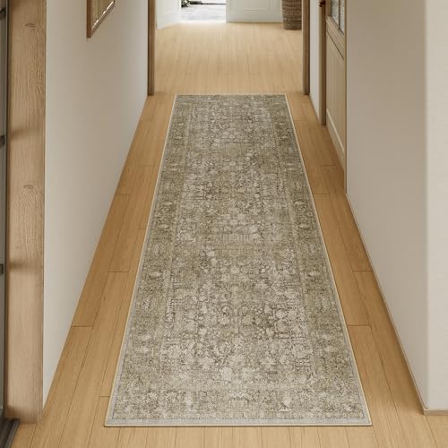 Brown Runner Rug 2x6 Hallway Machine Washable Kitchen Vintage Distressed Non Slip Long Carpet Indoor Retro Floral Bedroom Accent Throw Rug for Bathroom Office Laundry Dining Room