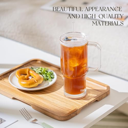 KEMORELA 768ml Glass Tumbler with Straw and Lid, Ribbed Glass Cup with Handle, Leakproof Lid, Iced Coffee & Juice Tumbler, Dishwasher Safe for Home, Office & Car - Image 3
