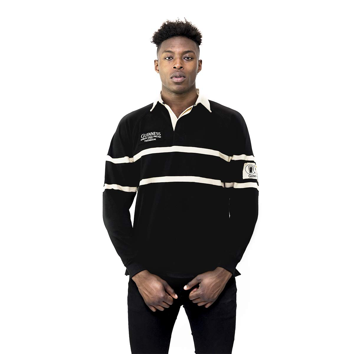 GuinnessTraditional Black and Cream Longsleeve Rugby Jersey, Official Merchandise, Black Jersey, Men's Small to 4X-Large