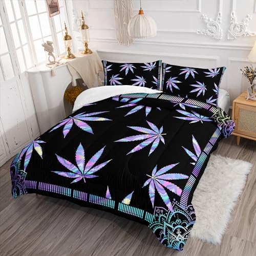 Image of AILONEN Marijuana Weed Leaf Comforter Set,Cannabis Leaves Bohemian Bedding Set, Full Size Comforter Set,Colorful Bright Leaves Pattern Bed in a Bag Duvet Set 3 Pieces, 1 Quilt and 2 Pillowcases