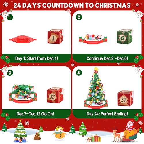 Advent Calendar 2025 Christmas Tree Building Set with LED Light, 24 Days Christmas Countdown Calendar Christmas Tree Building Blocks, Xmas Gifts for Adults Teens Kids